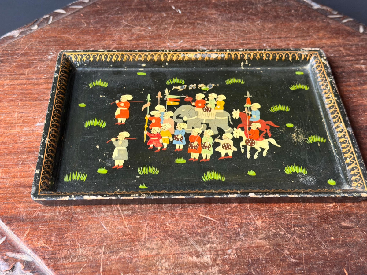 Vintage Hand Painted Lacquer Wood Box Equestrian Hunt Scene Keepsake 12x10