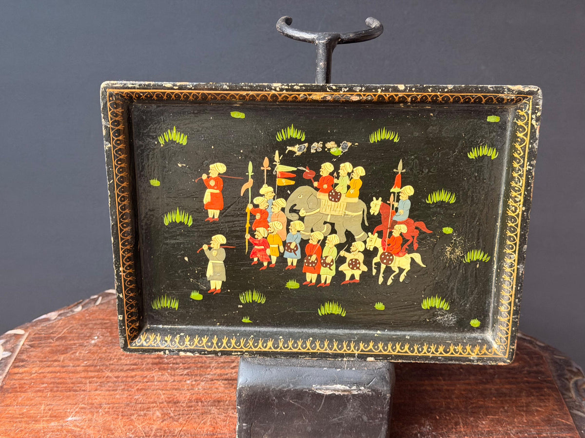 Vintage Hand Painted Lacquer Wood Box Equestrian Hunt Scene Keepsake 12x10