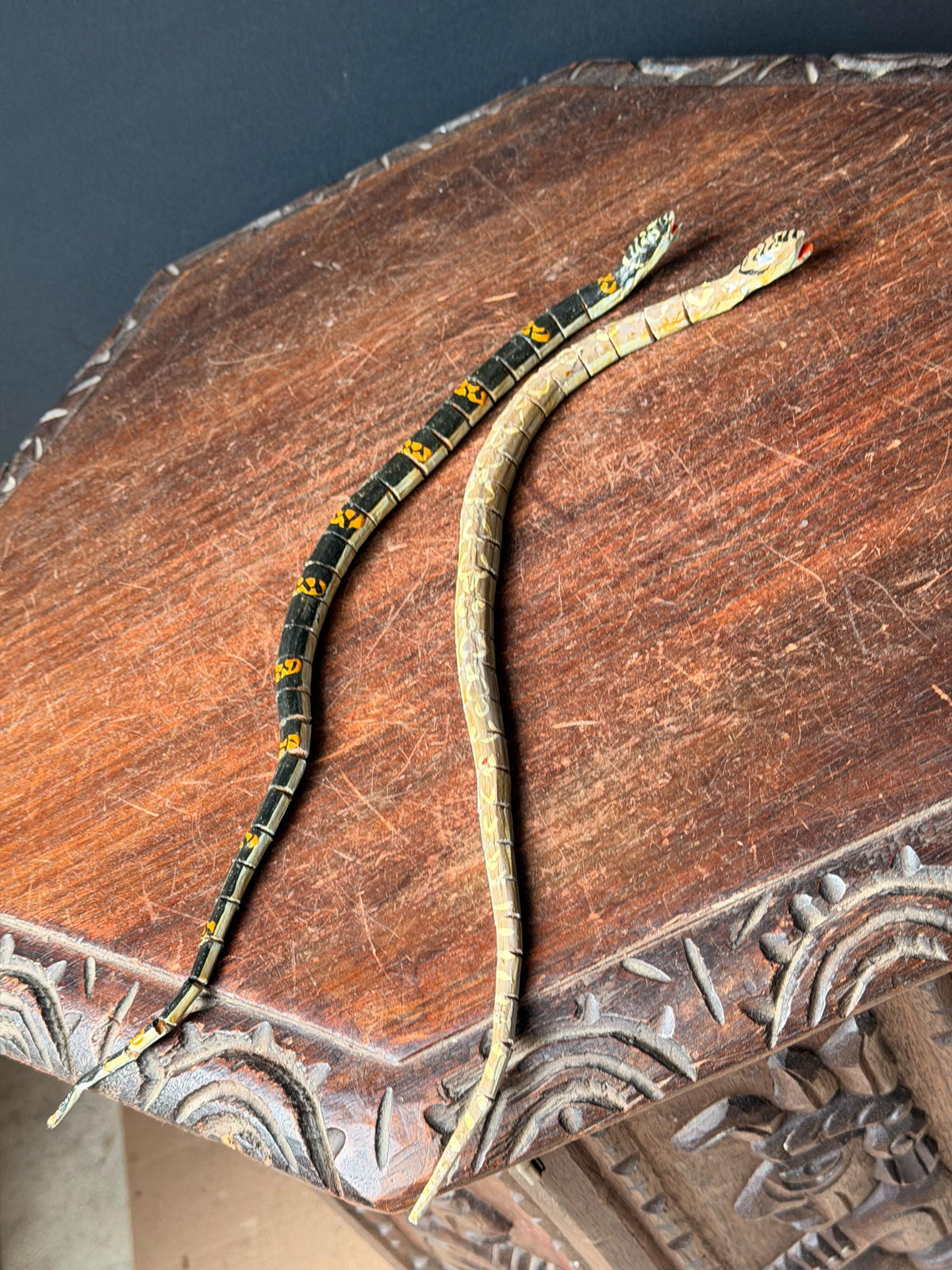 Vintage Articulated Carved Wood Snake Folk Art Figurine Pair 16" Sculpture Set