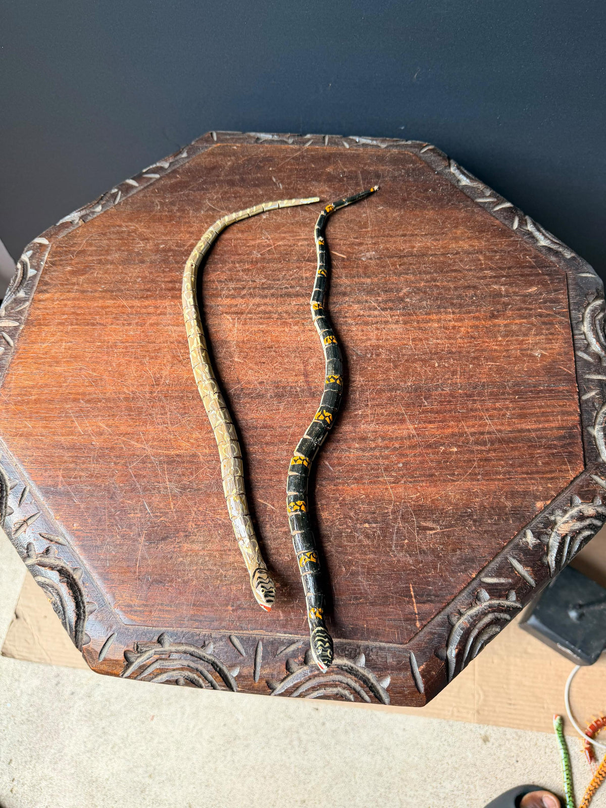 Vintage Articulated Carved Wood Snake Folk Art Figurine Pair 16" Sculpture Set