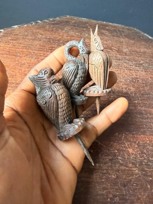 Vintage Carved Wood Bird Peg Finial Set 3.8" Vessel Plug Lid Stopper Folk Art