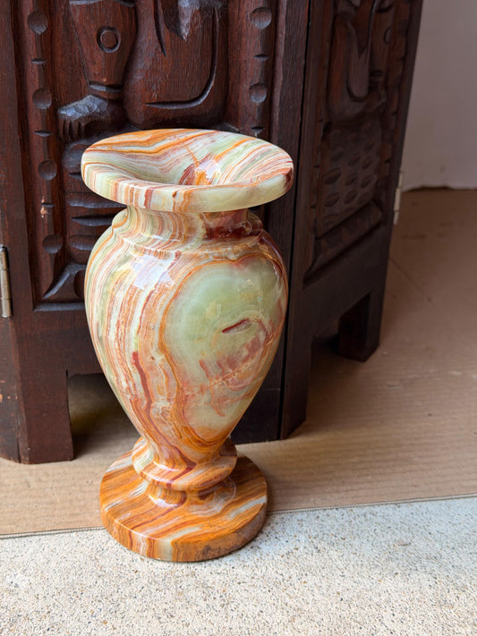 Vintage Banded Onyx Marble Stone Vase Carved Mineral Vessel Urn 8x4