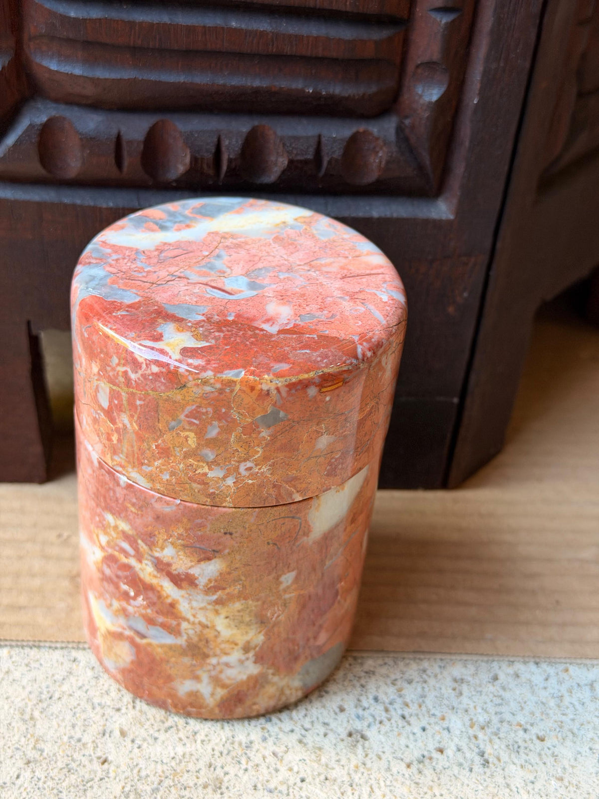 Vintage Red Brecciated Marble Lidded Jar Stone Trinket Vessel Box 4.5x3