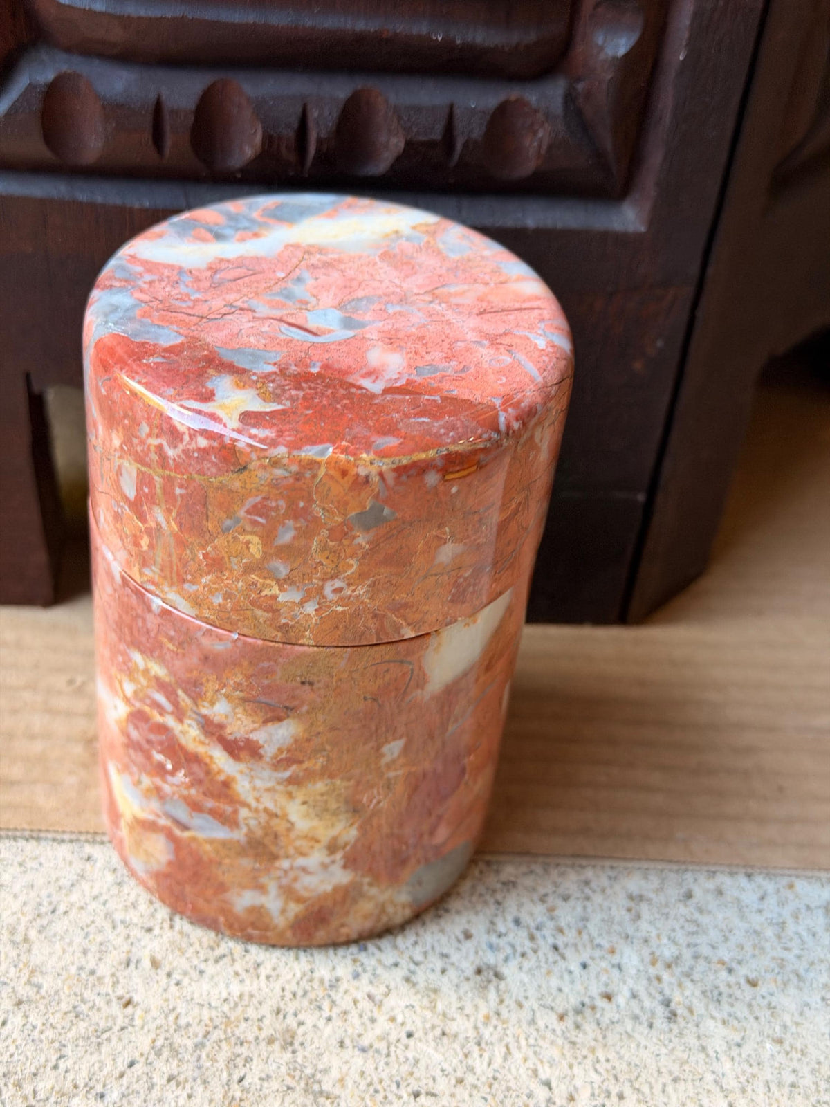 Vintage Red Brecciated Marble Lidded Jar Stone Trinket Vessel Box 4.5x3