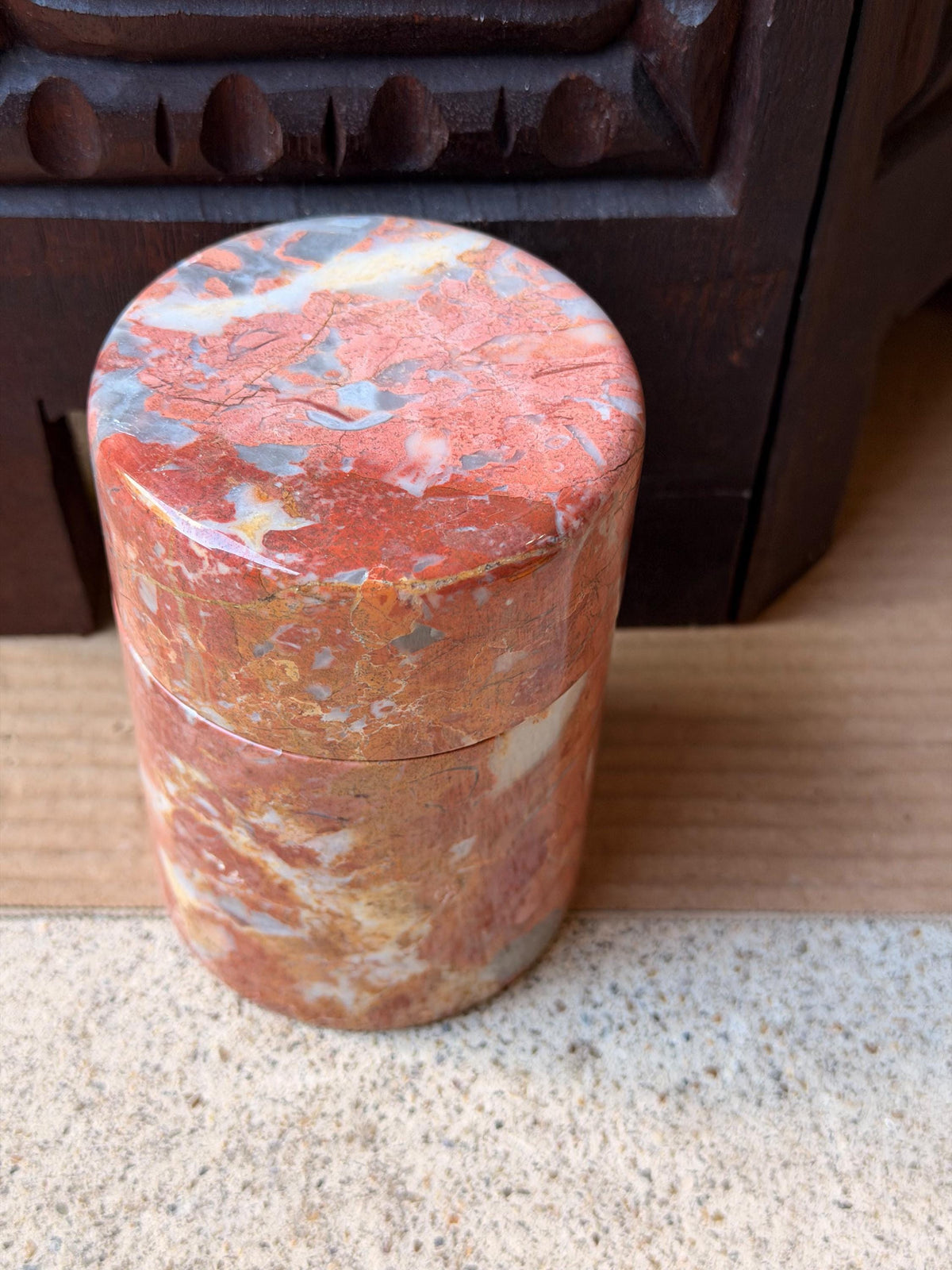 Vintage Red Brecciated Marble Lidded Jar Stone Trinket Vessel Box 4.5x3