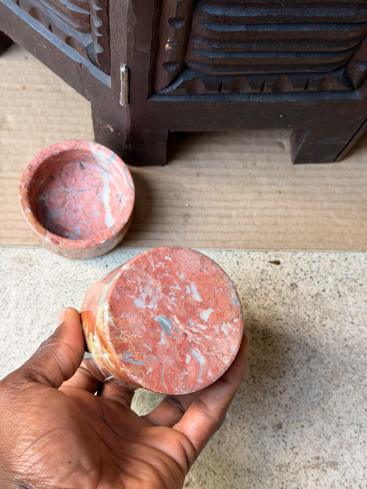 Vintage Red Brecciated Marble Lidded Jar Stone Trinket Vessel Box 4.5x3