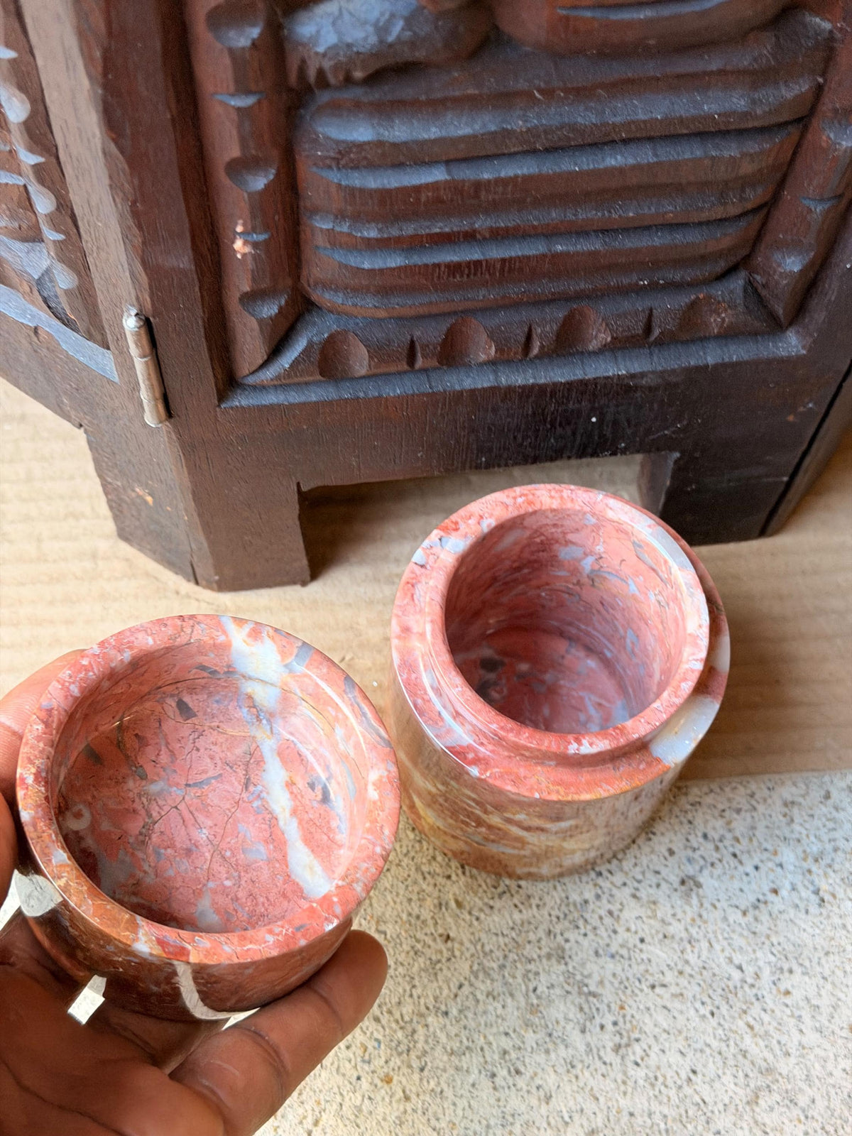 Vintage Red Brecciated Marble Lidded Jar Stone Trinket Vessel Box 4.5x3