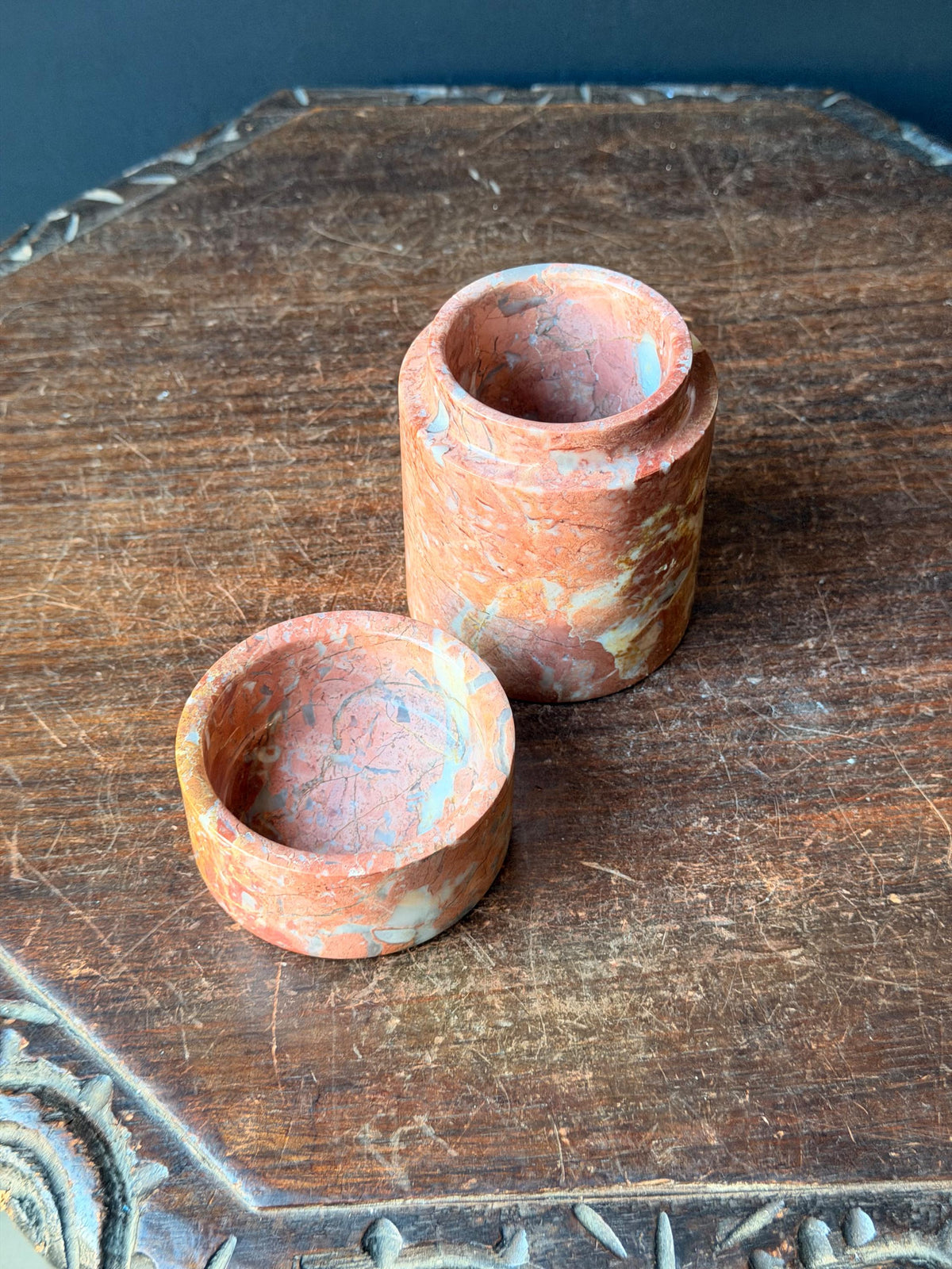 Vintage Red Brecciated Marble Lidded Jar Stone Trinket Vessel Box 4.5x3