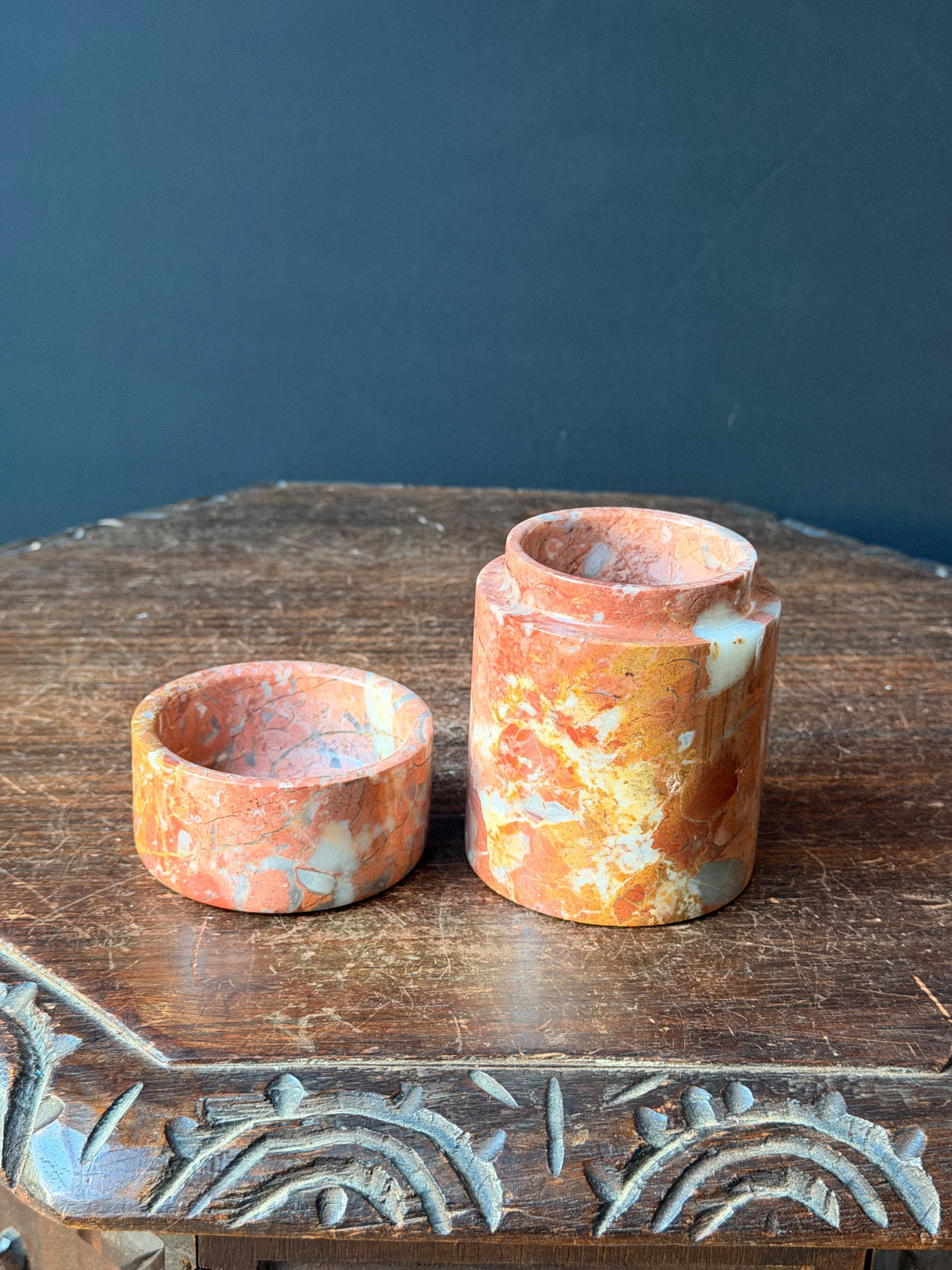 Vintage Red Brecciated Marble Lidded Jar Stone Trinket Vessel Box 4.5x3