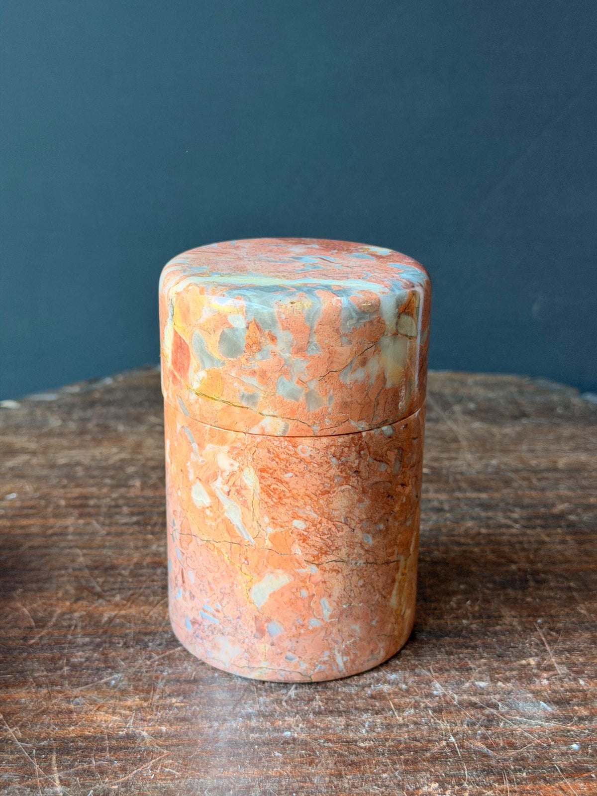 Vintage Red Brecciated Marble Lidded Jar Stone Trinket Vessel Box 4.5x3
