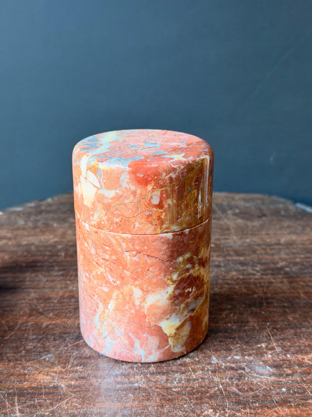 Vintage Red Brecciated Marble Lidded Jar Stone Trinket Vessel Box 4.5x3