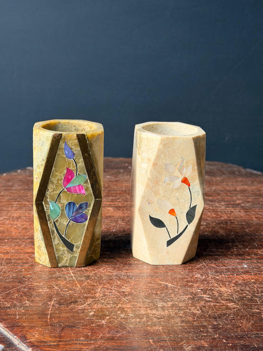 Vintage Faceted Stone Pencil Holder Pair Pietra Dura Floral Inlay Vase 4"