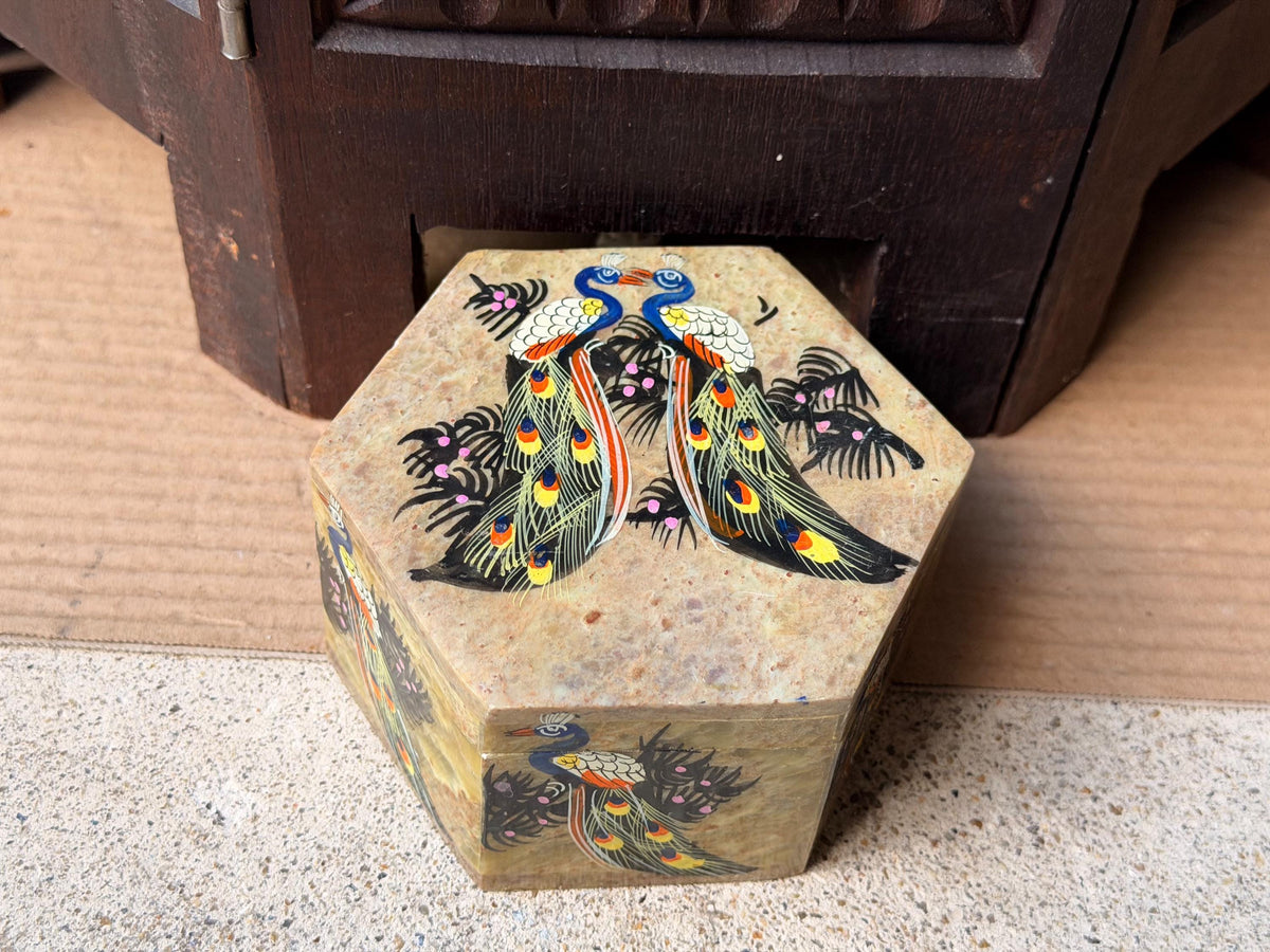 Vintage Soapstone Hexagon Trinket Box Hand Painted Peacock Keepsake Dish 4.6"