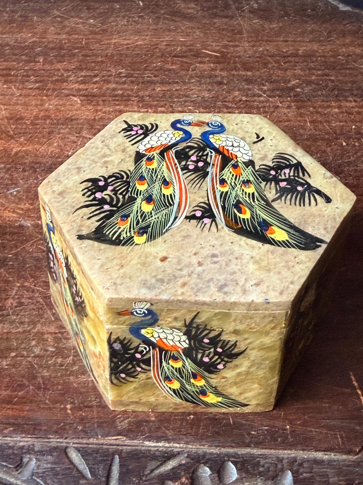 Vintage Soapstone Hexagon Trinket Box Hand Painted Peacock Keepsake Dish 4.6"