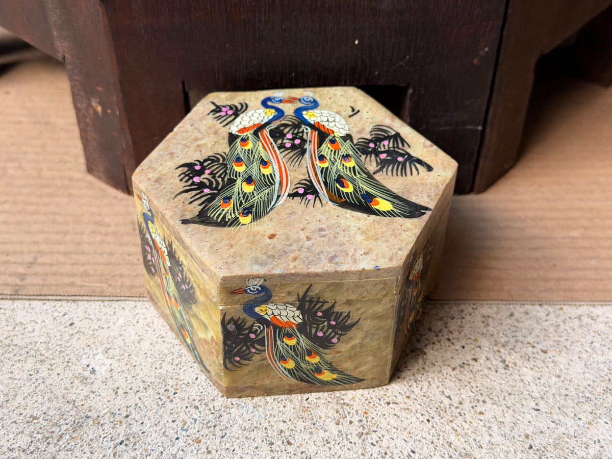 Vintage Soapstone Hexagon Trinket Box Hand Painted Peacock Keepsake Dish 4.6"