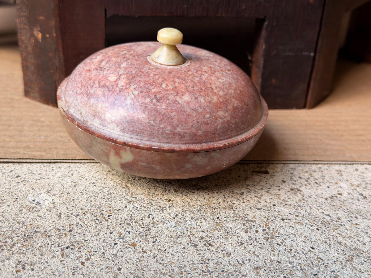Vintage Hand Carved Pink Soapstone Lidded Box Round Stone Trinket Bowl Dish 4.2"