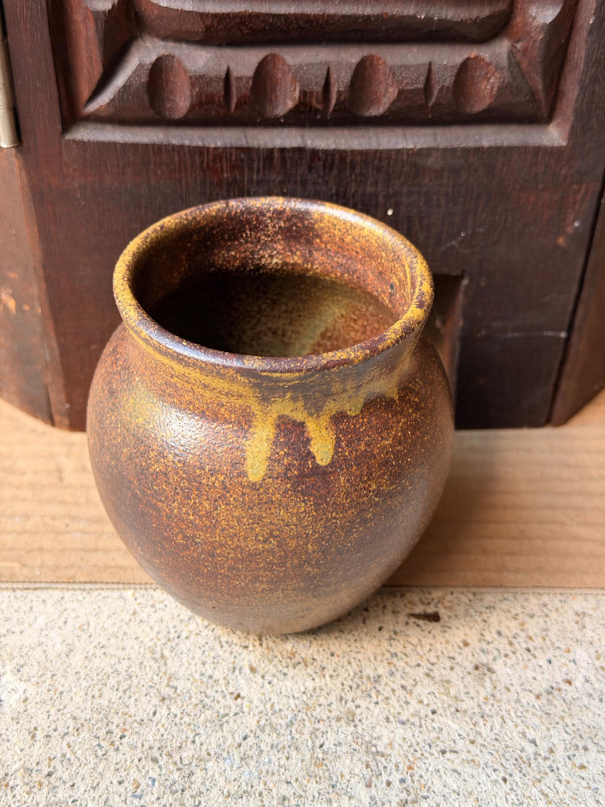 Vintage Studio Pottery Stoneware Vase Hand Thrown Ochre Drip Glaze Signed DC
