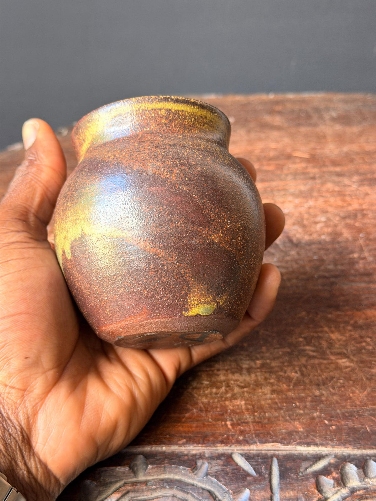 Vintage Studio Pottery Stoneware Vase Hand Thrown Ochre Drip Glaze Signed DC