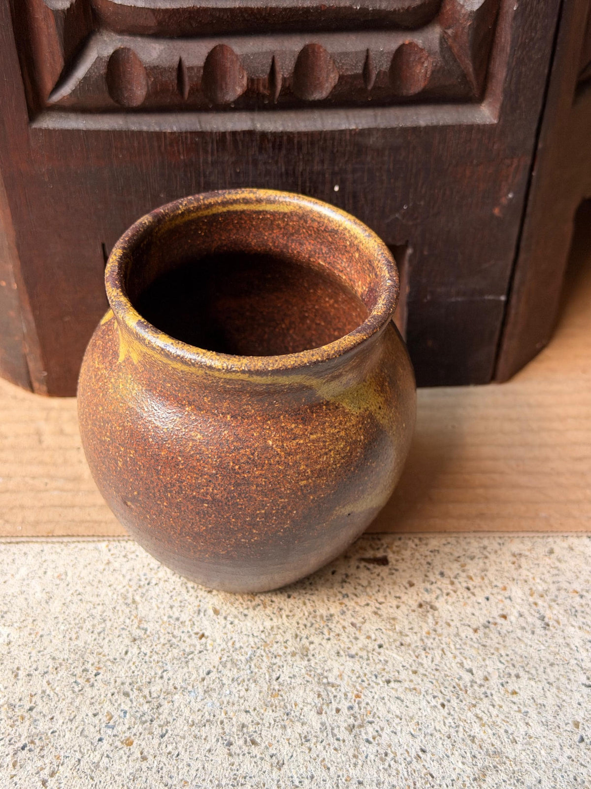 Vintage Studio Pottery Stoneware Vase Hand Thrown Ochre Drip Glaze Signed DC