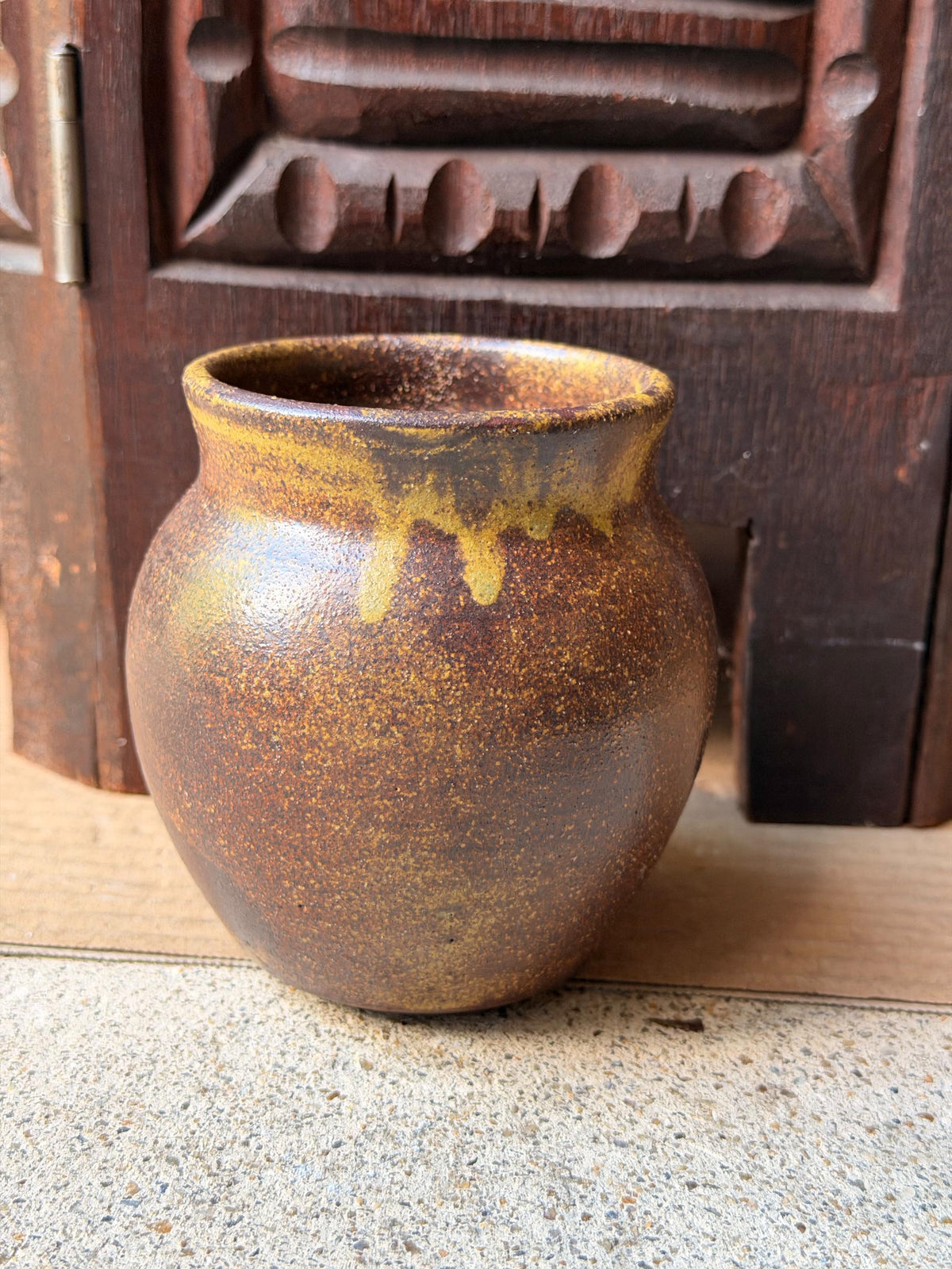 Vintage Studio Pottery Stoneware Vase Hand Thrown Ochre Drip Glaze Signed DC