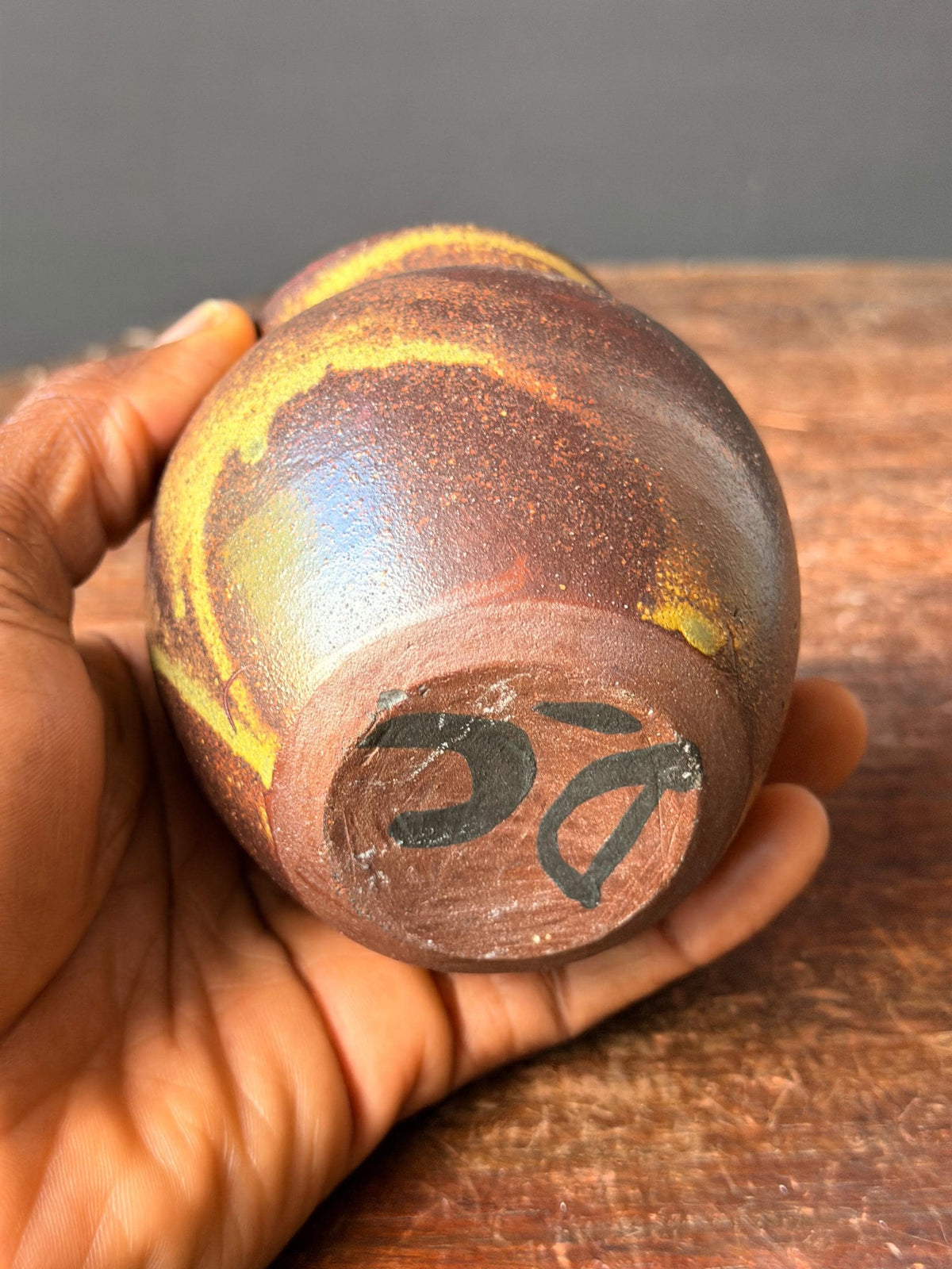 Vintage Studio Pottery Stoneware Vase Hand Thrown Ochre Drip Glaze Signed DC