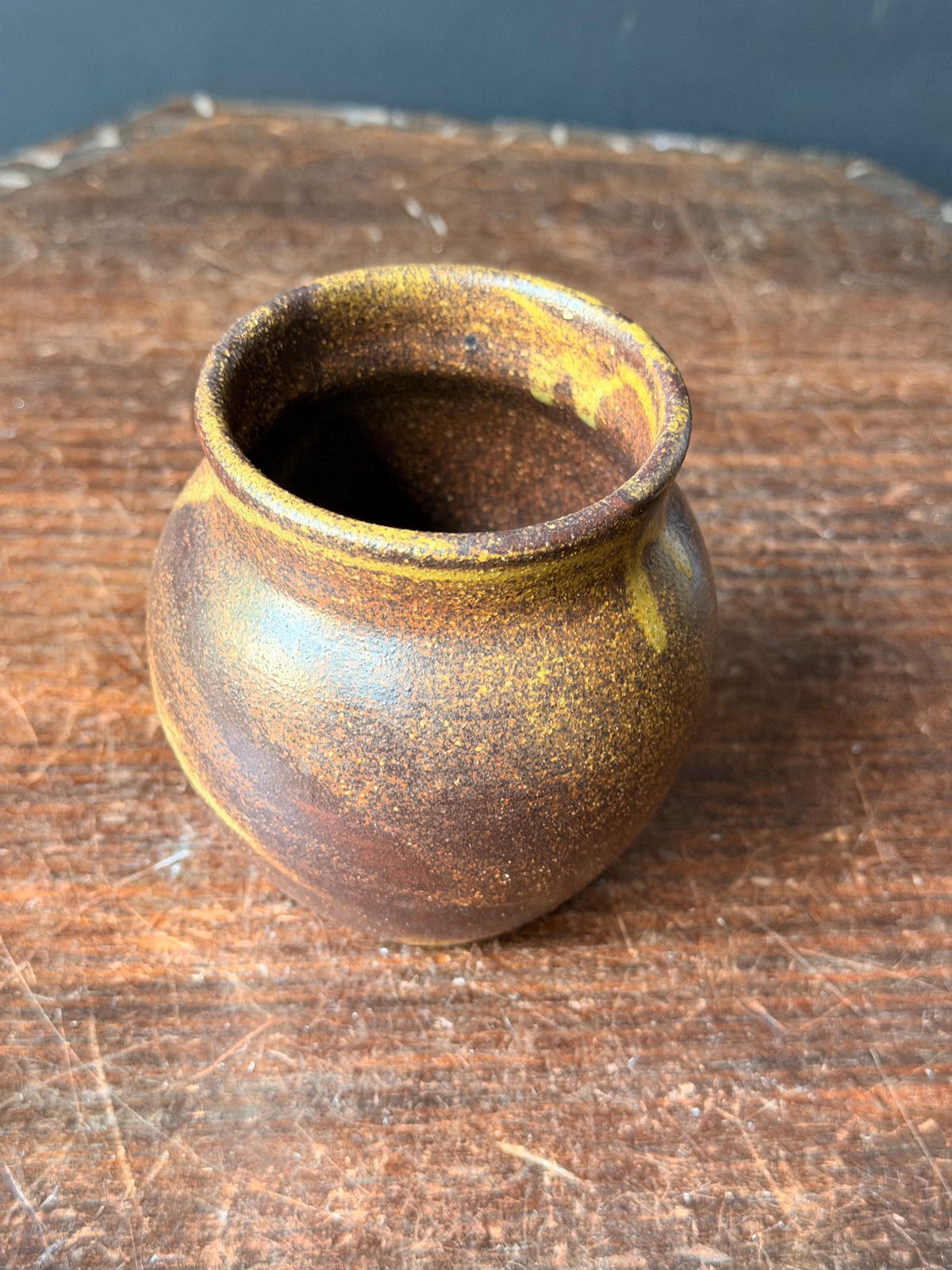 Vintage Studio Pottery Stoneware Vase Hand Thrown Ochre Drip Glaze Signed DC