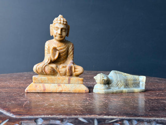 Vintage Carved Soapstone Buddha Statue Set India Abhaya Reclining Figurine