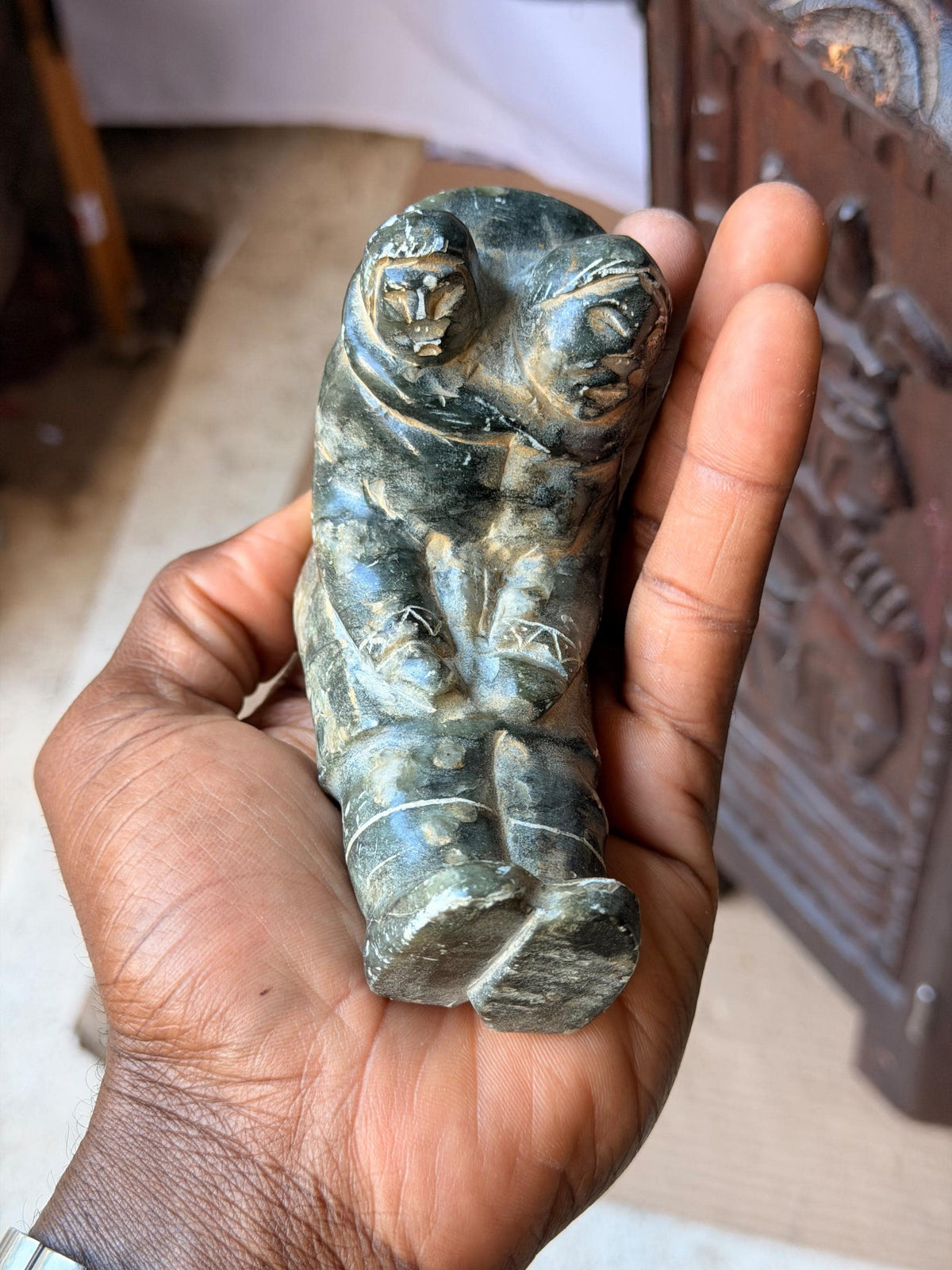 Vintage Inuit Soapstone Carving Mother Child Amauti Parka Sculpture 4.2"