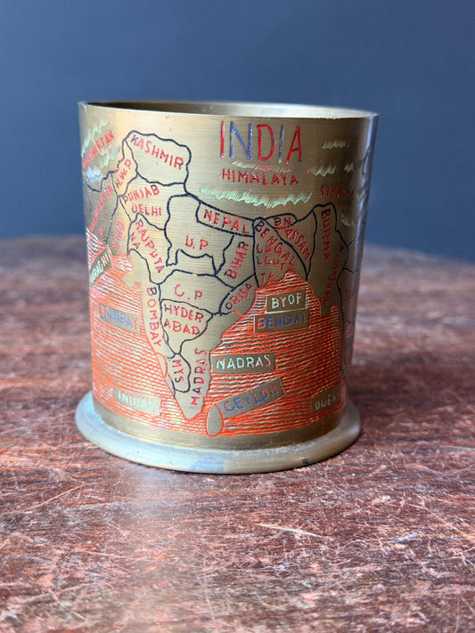 Vintage Engraved Brass Map Tumbler Taj Mahal Souvenir Cup Vessel 3.2"