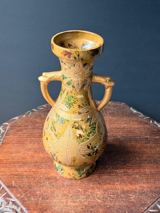 Vintage Chinoiserie Yellow Ceramic Vase Double Dragon Handle Relief Floral 11.8"