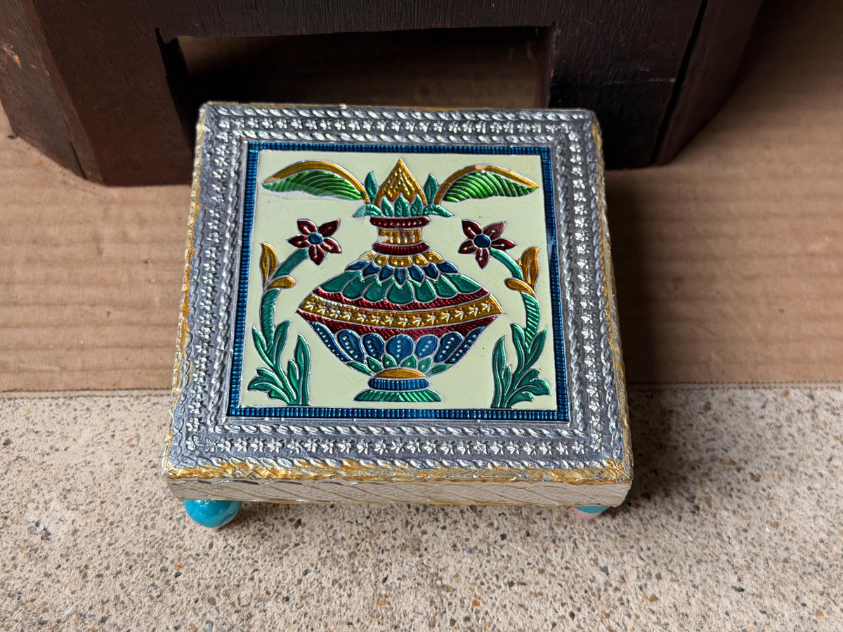 Vintage Enamel Meenakari Wooden Bajot Chowki Sacred Kalash Riser Pedestal 4x4"