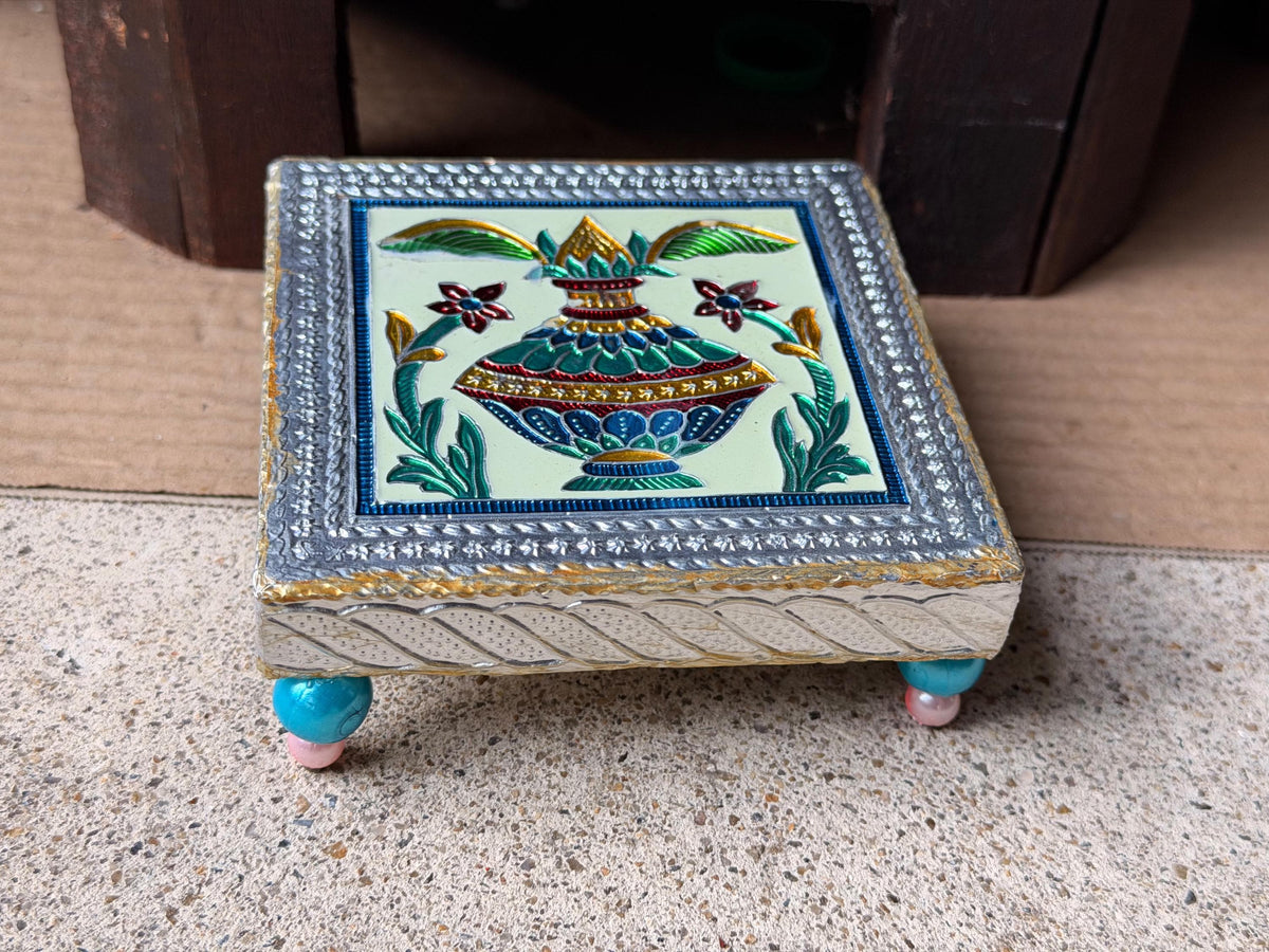 Vintage Enamel Meenakari Wooden Bajot Chowki Sacred Kalash Riser Pedestal 4x4"