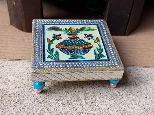 Vintage Enamel Meenakari Wooden Bajot Chowki Sacred Kalash Riser Pedestal 4x4"