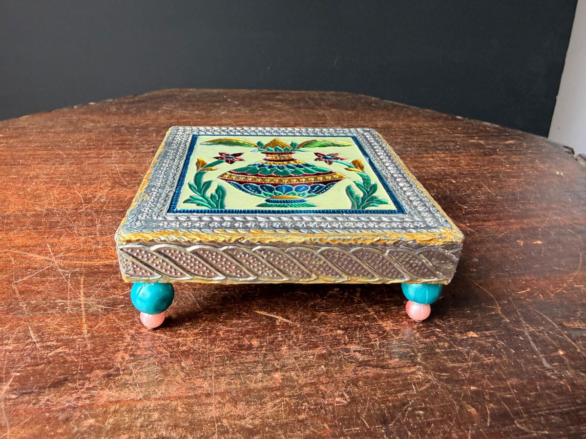 Vintage Enamel Meenakari Wooden Bajot Chowki Sacred Kalash Riser Pedestal 4x4"