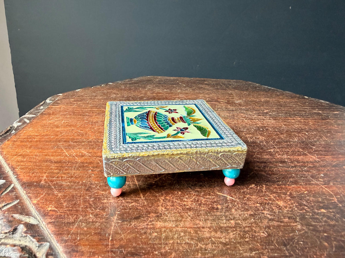 Vintage Enamel Meenakari Wooden Bajot Chowki Sacred Kalash Riser Pedestal 4x4"