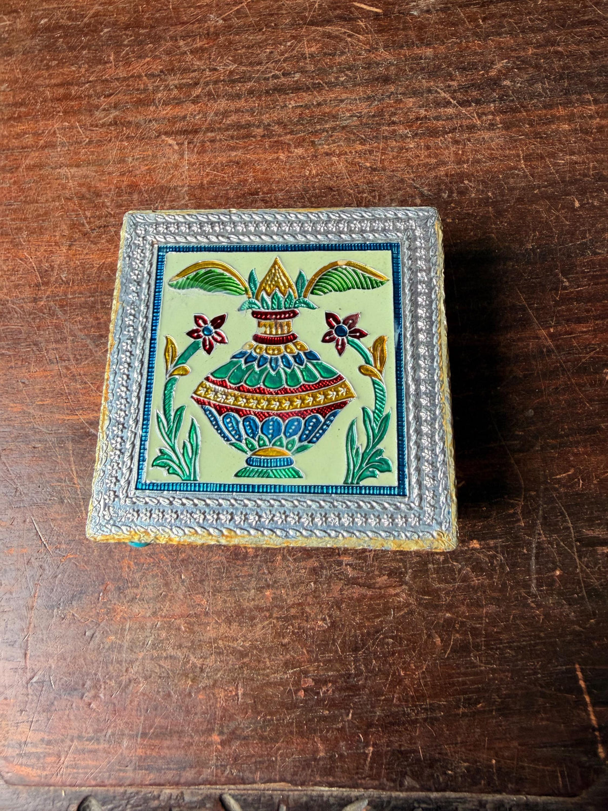 Vintage Enamel Meenakari Wooden Bajot Chowki Sacred Kalash Riser Pedestal 4x4"
