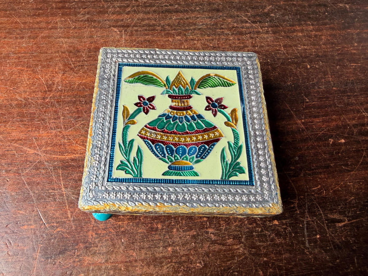 Vintage Enamel Meenakari Wooden Bajot Chowki Sacred Kalash Riser Pedestal 4x4"