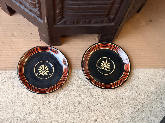 Pair Vintage Hand Painted Greek Ceramic Small Dishes Black Gold Palmette 4.8"