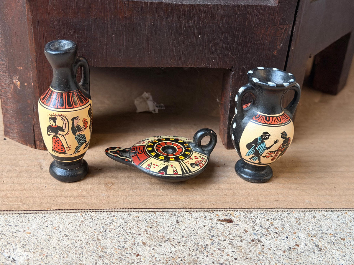 3pc Vintage Greek Miniature Pottery Set D Vassilopoulos Lekythos Amphora 3.2"