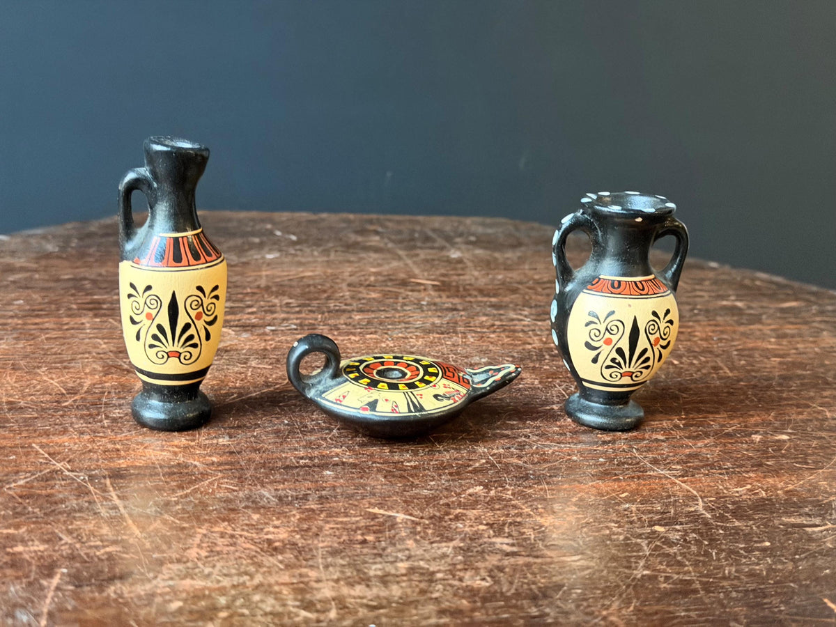 3pc Vintage Greek Miniature Pottery Set D Vassilopoulos Lekythos Amphora 3.2"