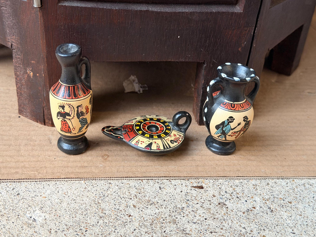 3pc Vintage Greek Miniature Pottery Set D Vassilopoulos Lekythos Amphora 3.2"