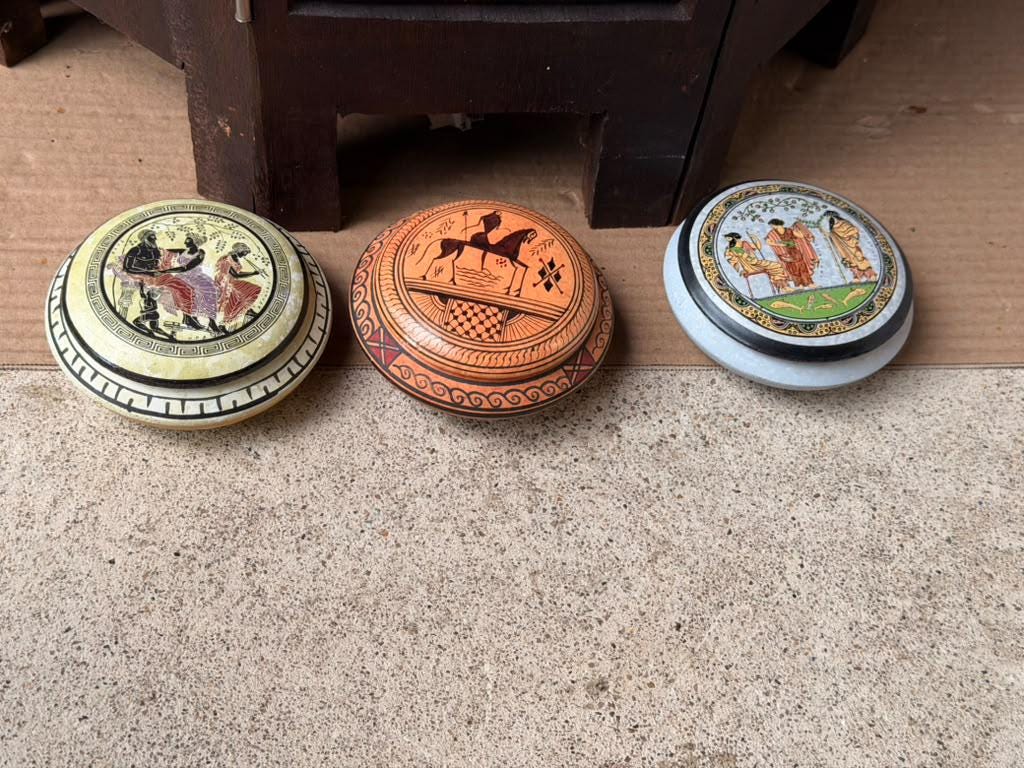 3pc Vintage Greek Ceramic Lidded Boxes Pyxis Set Hand Painted Classical 3.5"