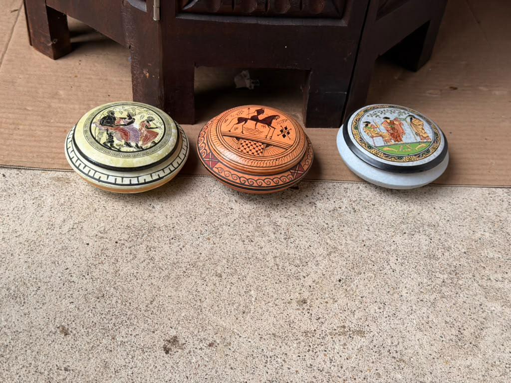 3pc Vintage Greek Ceramic Lidded Boxes Pyxis Set Hand Painted Classical 3.5"