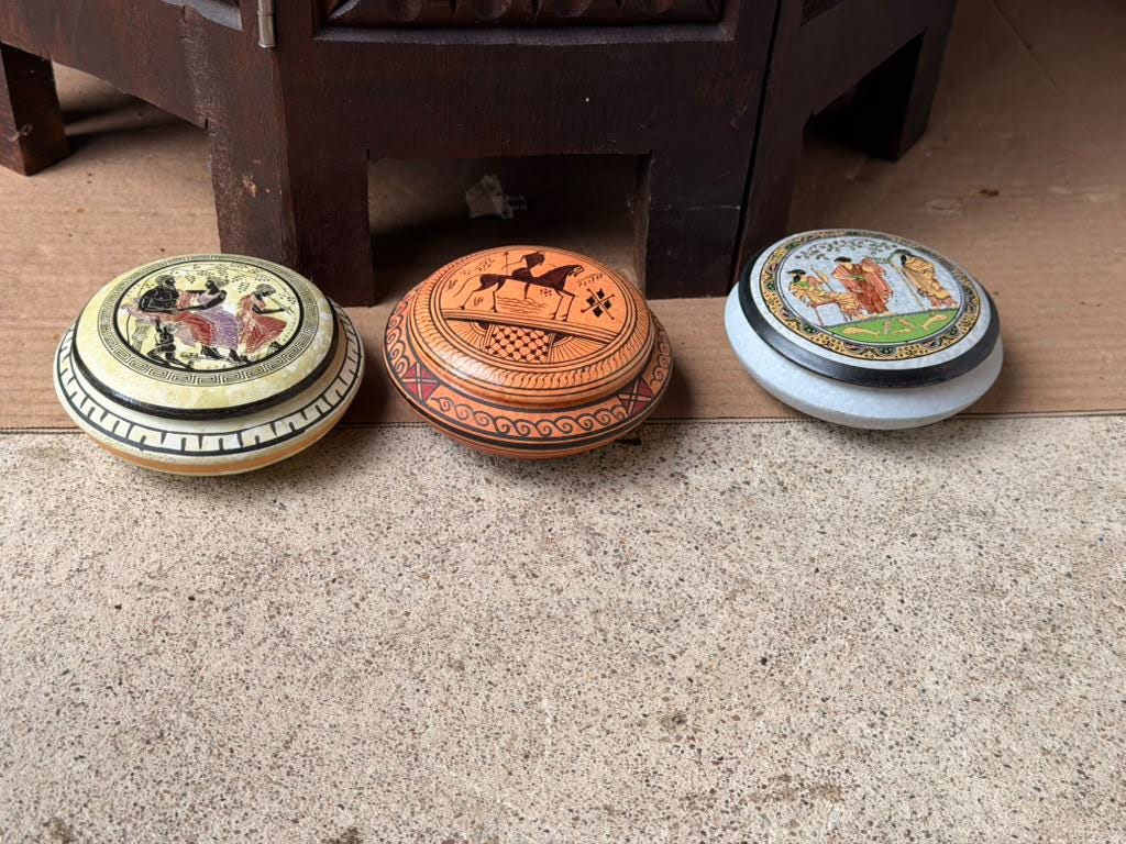 3pc Vintage Greek Ceramic Lidded Boxes Pyxis Set Hand Painted Classical 3.5"
