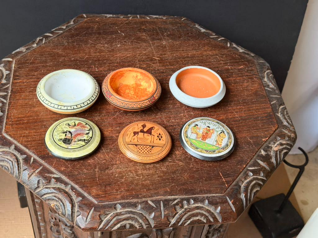3pc Vintage Greek Ceramic Lidded Boxes Pyxis Set Hand Painted Classical 3.5"
