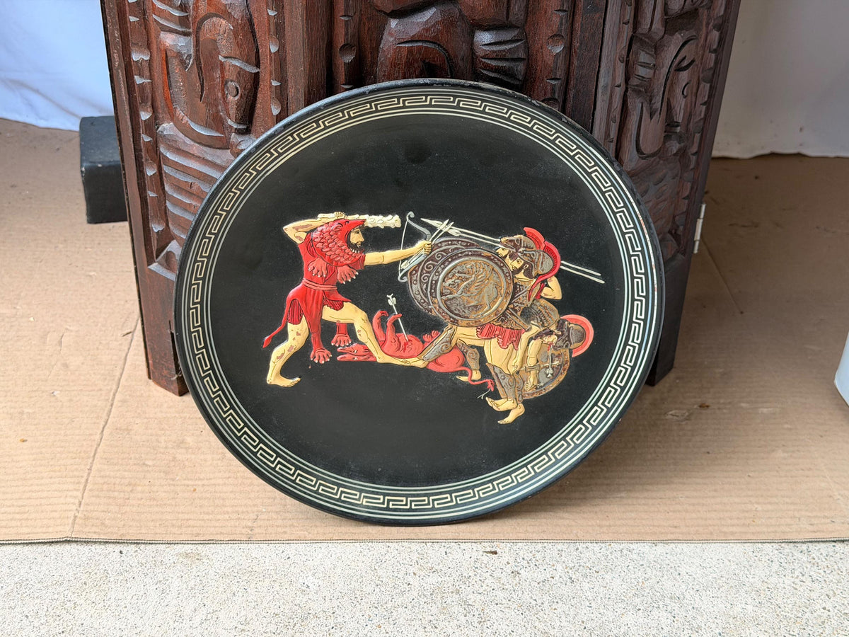 Vintage Greek Ceramic Wall Plaque Relief Heracles Geryon Spyropoulos 11" Plate