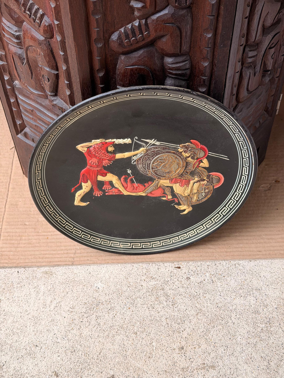 Vintage Greek Ceramic Wall Plaque Relief Heracles Geryon Spyropoulos 11" Plate