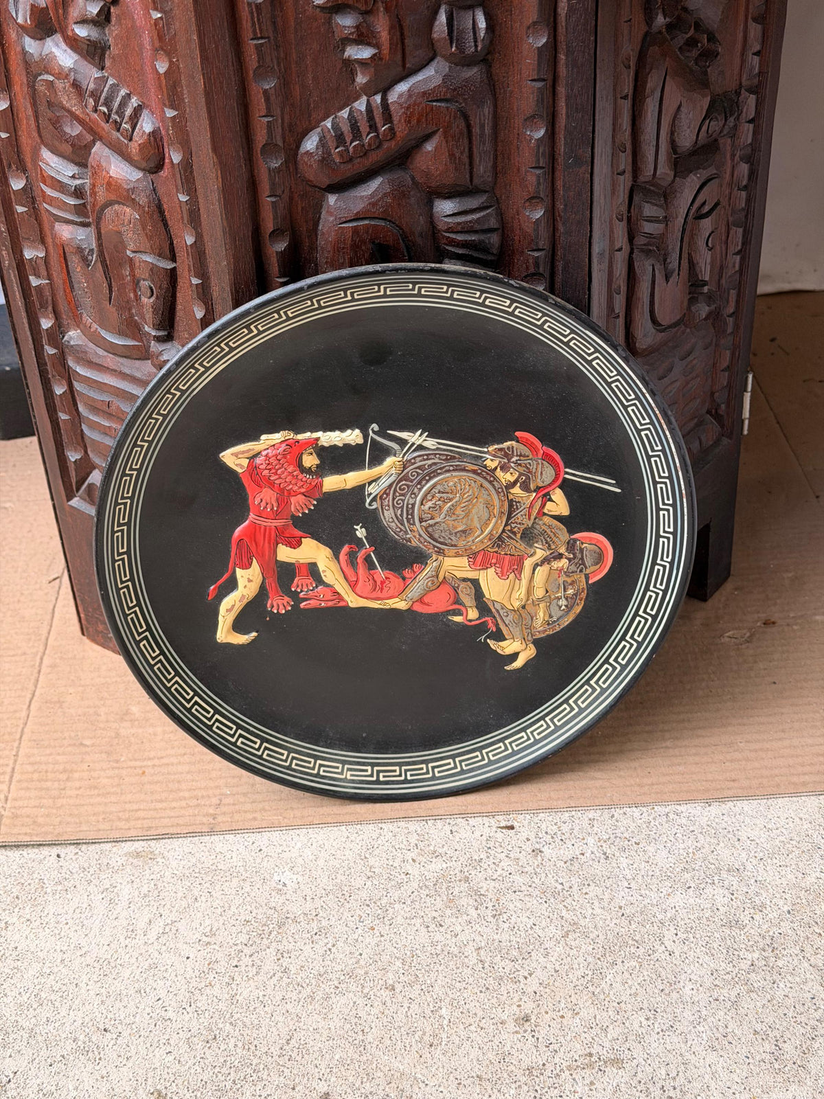 Vintage Greek Ceramic Wall Plaque Relief Heracles Geryon Spyropoulos 11" Plate