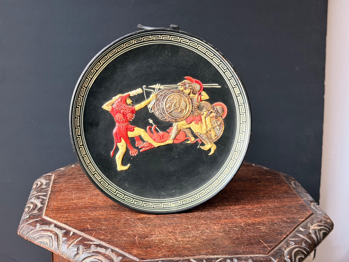 Vintage Greek Ceramic Wall Plaque Relief Heracles Geryon Spyropoulos 11" Plate