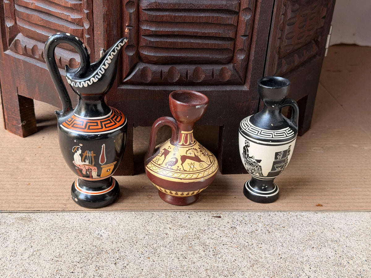 Greek Pottery Vase Set 3 D Vassilopoulos Hand Painted Vintage Classical Urns